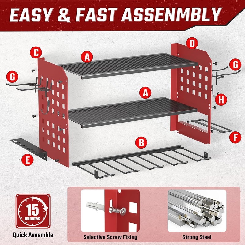 SUNALLY Store Power Tool Organizer, Heavy Duty Wall Mount Tool Organizer 3 Layers with 4 Drill Holders, Garage Tools Storage Rack with 2 Side Pegboards and Hooks for Workshop, Shed, Red - Image 4
